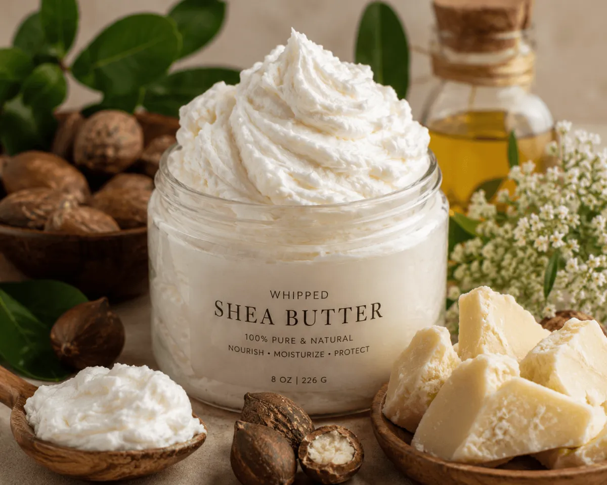 How to make whipped shea butter showing fluffy cloud-like texture in jar with raw shea butter ingredients