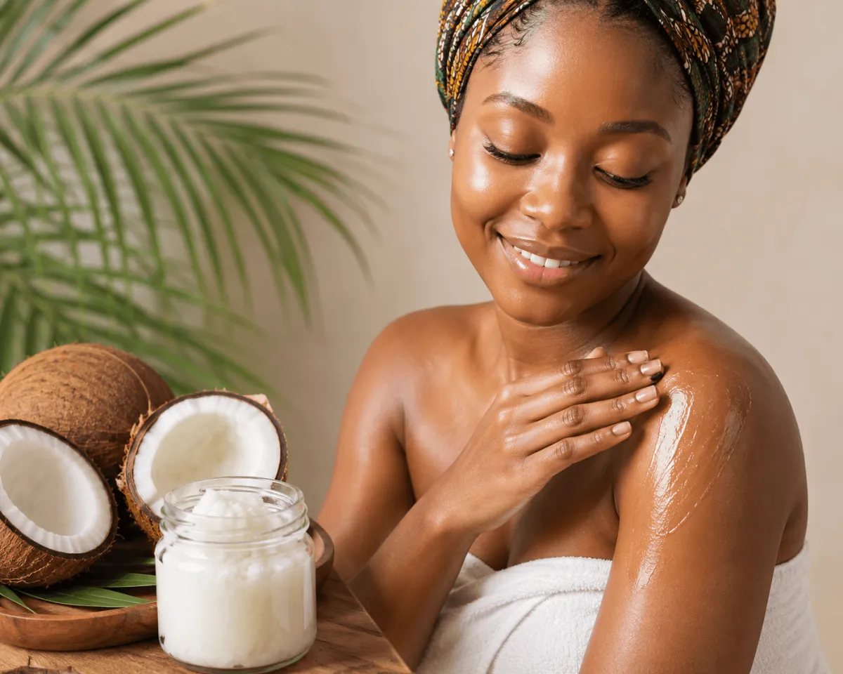 coconut oil for skin - Nigerian woman applying coconut oil to her glowing skin with fresh coconut halves and coconut oil jar displayed beside her